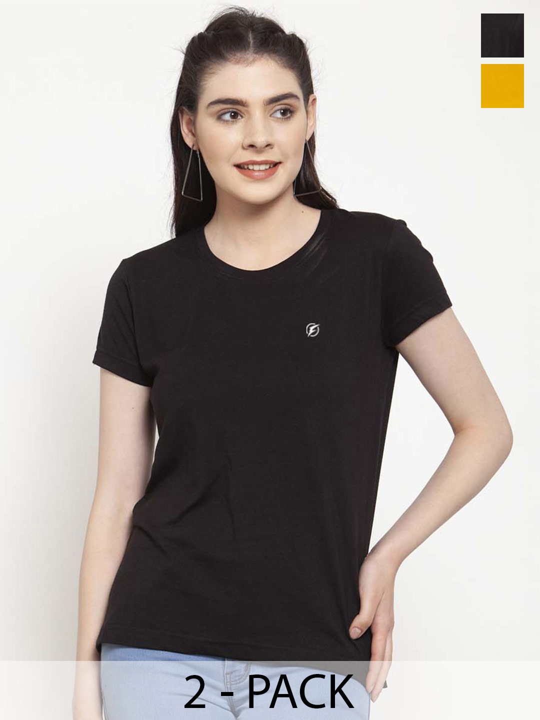 

Friskers Pack Of 2 Slim Fit Round Neck Pure Cotton T-shirts, Black