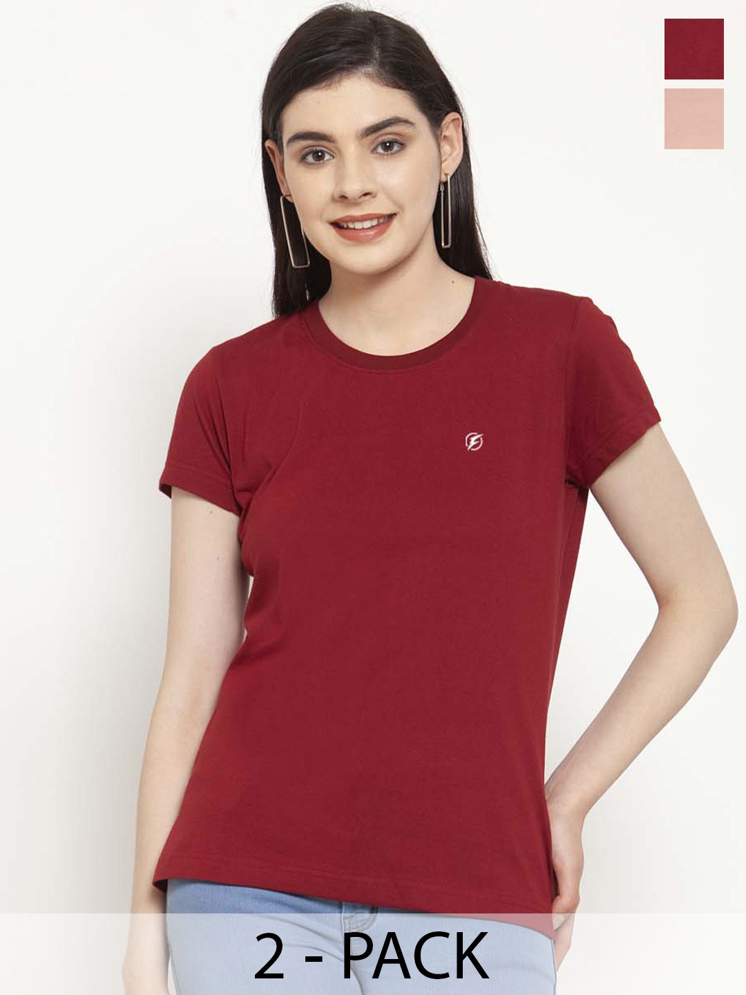 

Friskers Pack Of 2 Slim Fit Round Neck Pure Cotton T-shirts, Maroon