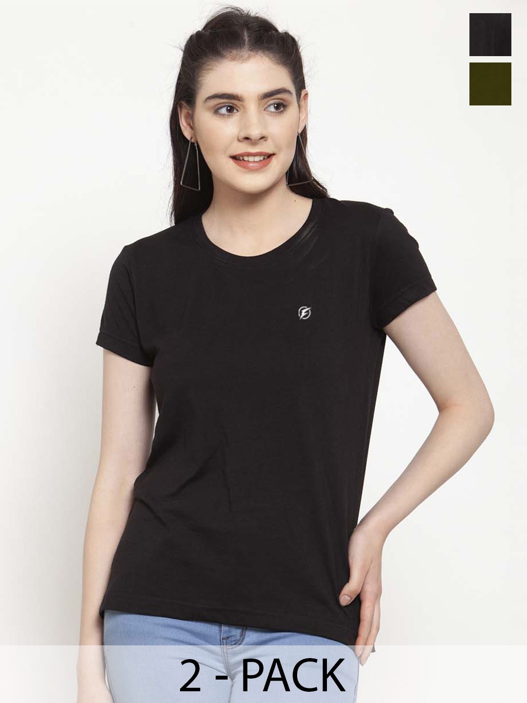 

Friskers Pack Of 2 Slim Fit Round Neck Pure Cotton T-shirts, Black