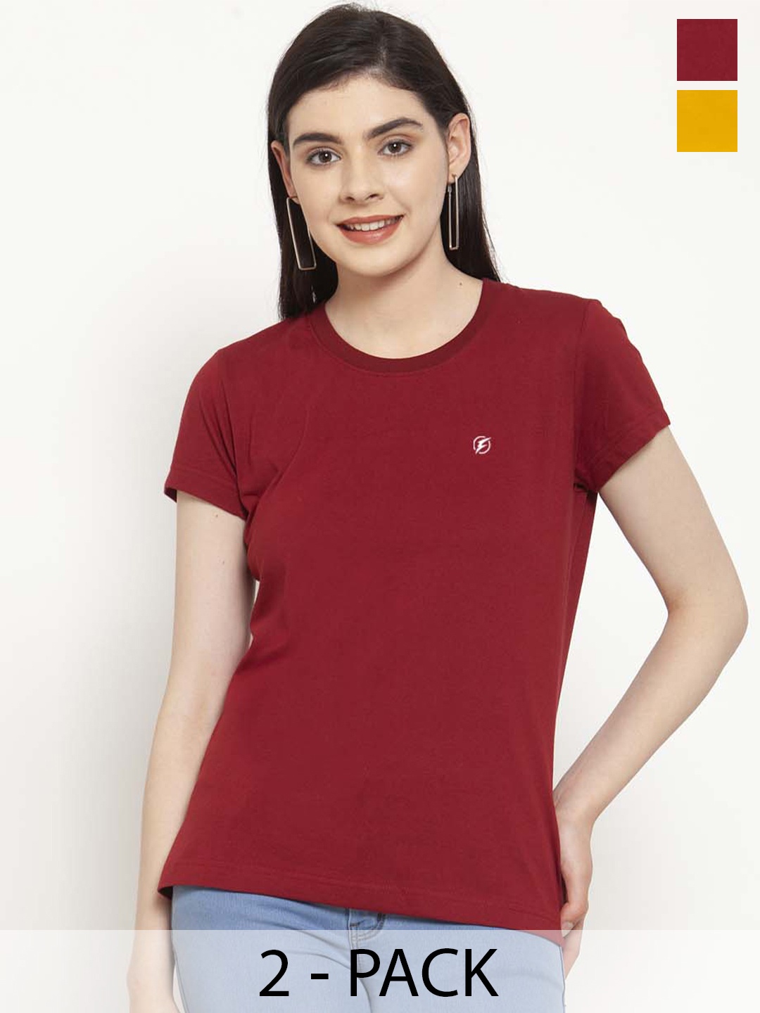 

Friskers Pack Of 2 Slim Fit Round Neck Short Sleeves Cotton T-shirts, Maroon
