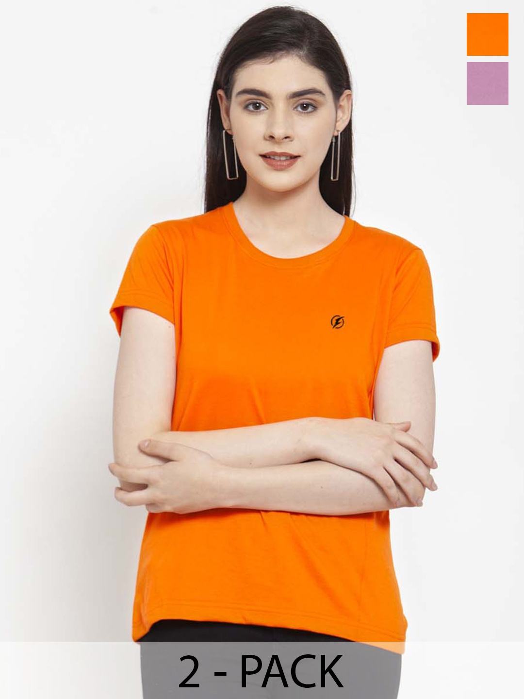 

Friskers Pack Of 2 Slim Fit Round Neck Short Sleeves Cotton T-shirts, Orange