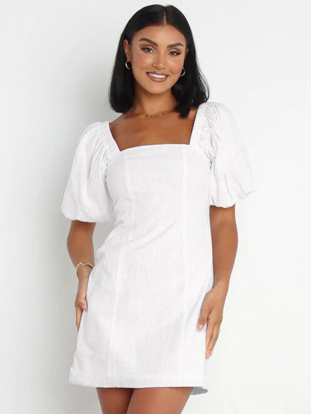 

StyleCast x Revolte Cuffed Sleeves Smocked Mini A-Line Dress, White