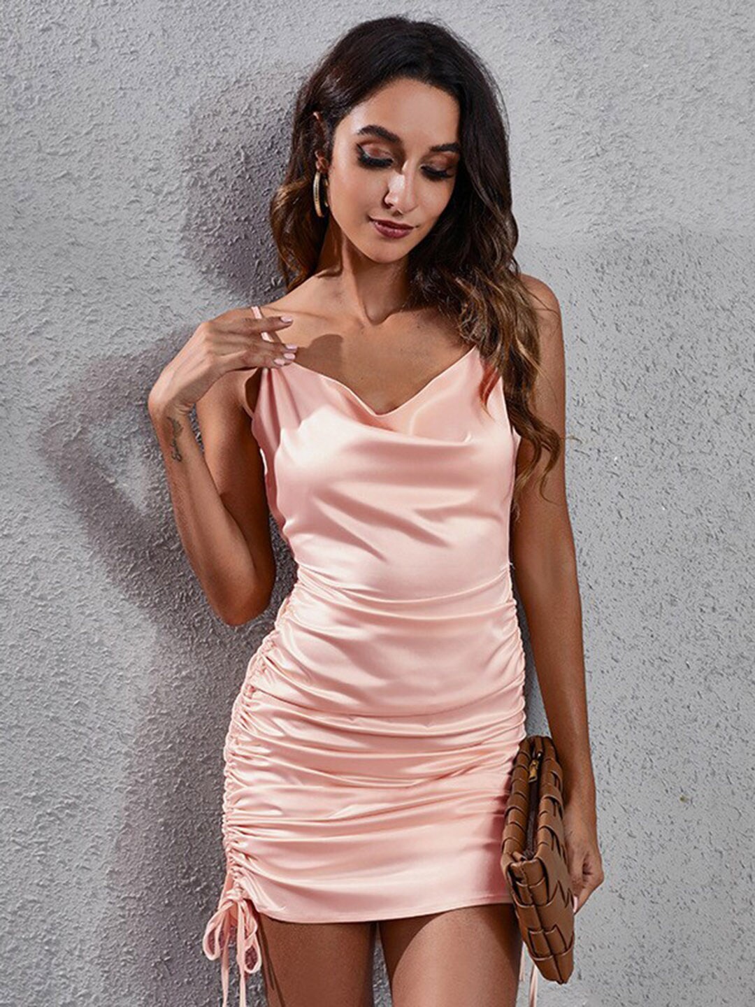 

StyleCast x Revolte Tie-Ups Shoulder Straps Straight Bodycon Mini Dress, Peach