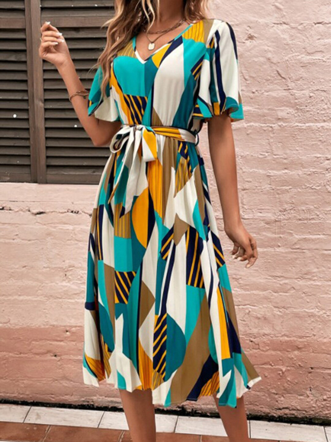 

StyleCast x Revolte Abstract Printed V-Neck Flared Sleeve A-Line Midi Dress, Yellow