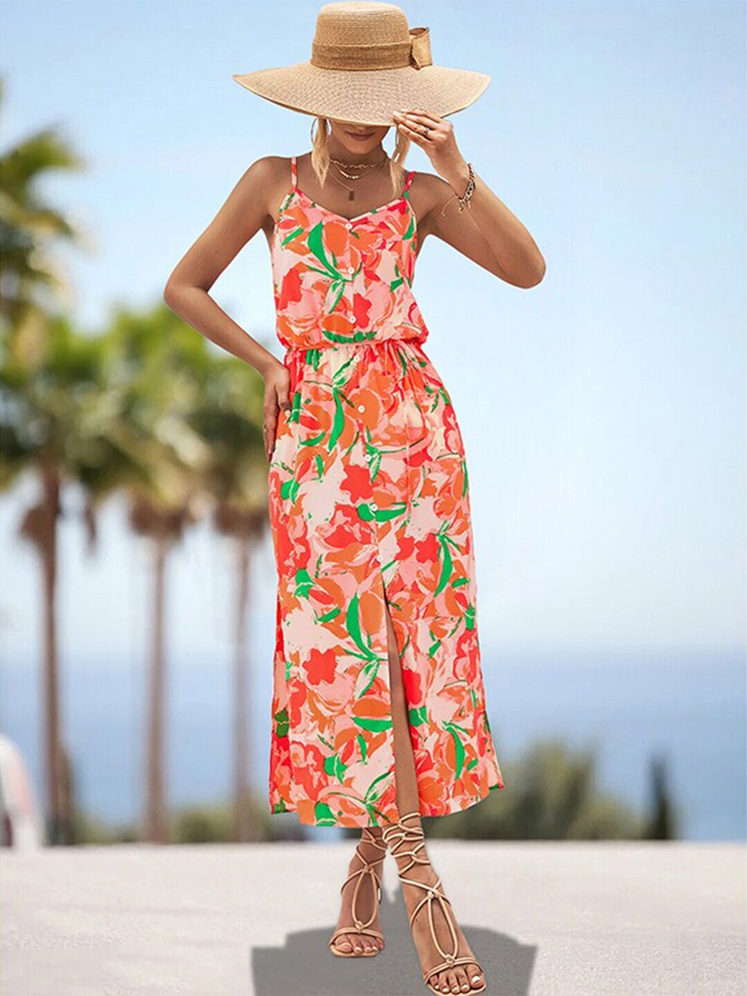 

StyleCast x Revolte Shoulder Straps Floral Print Maxi Dress, Orange