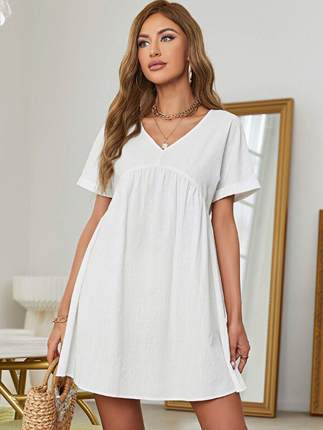 

StyleCast x Revolte White V-Neck Flared Sleeves Cotton A-Line Mini Dress