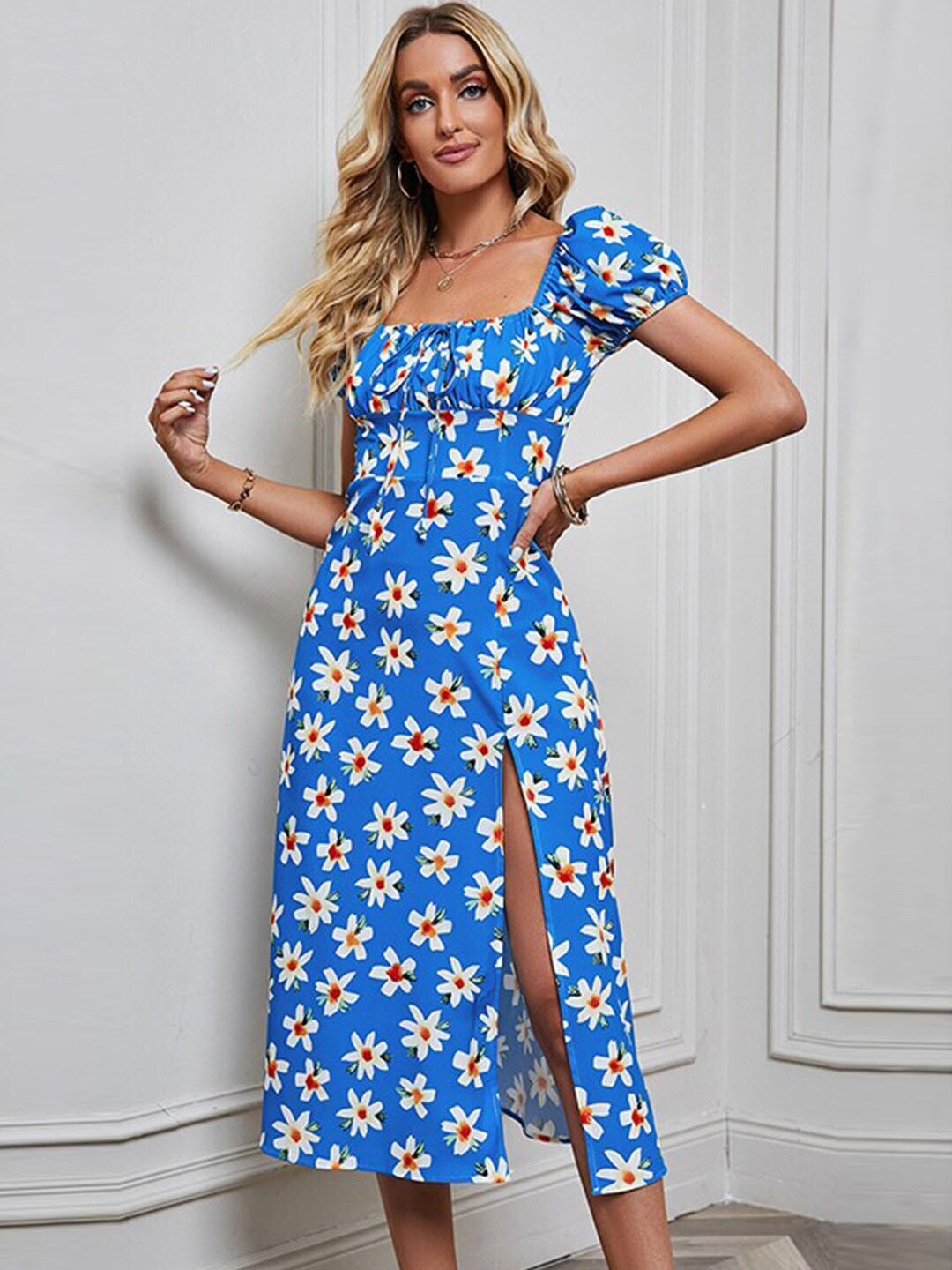 

StyleCast x Revolte Blue Floral Printed Square Neck Puff Sleeves Tie-Ups A-Line Midi Dress