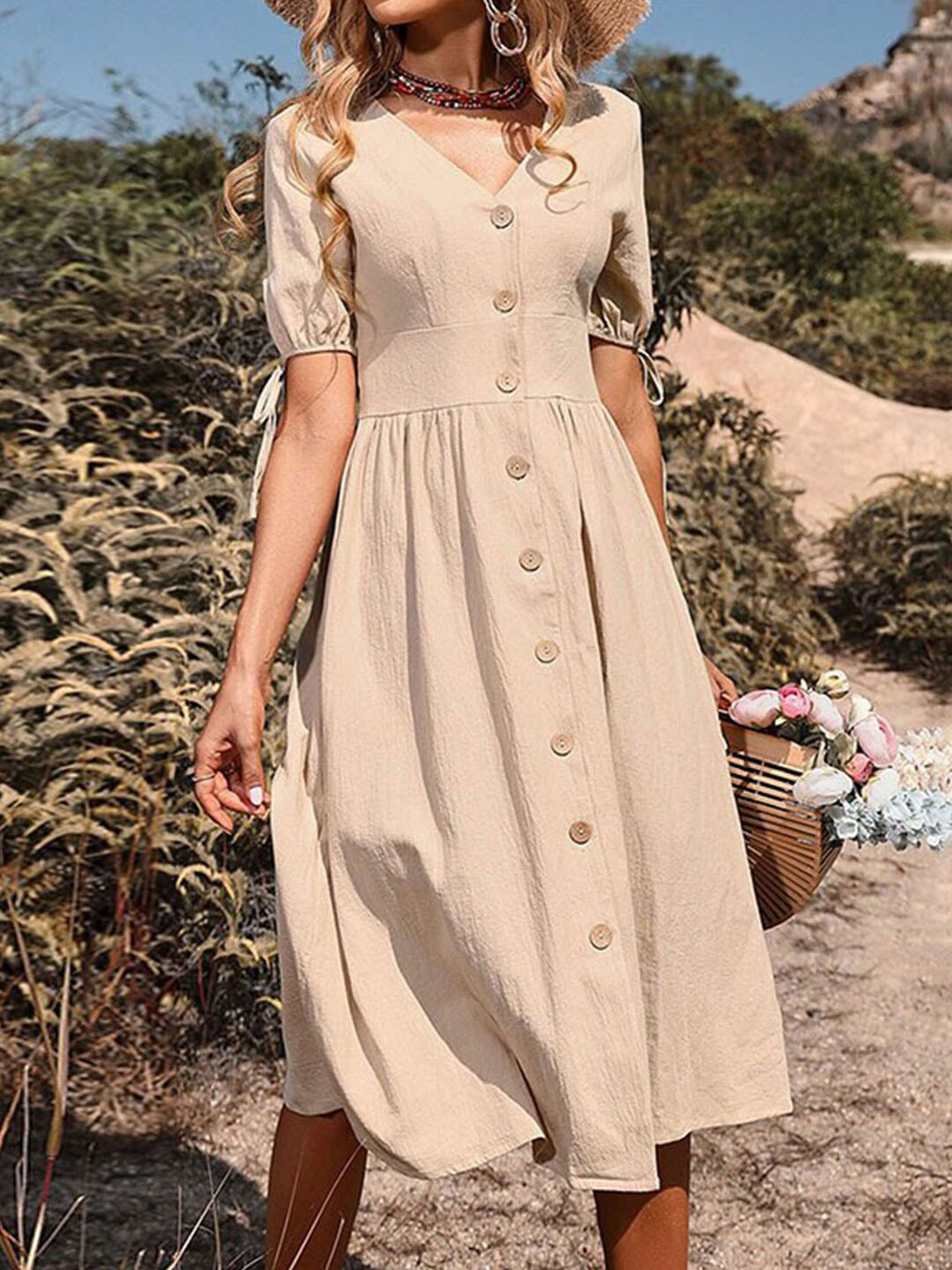 

StyleCast x Revolte V-Neck Fit & Flare Midi Dress, Beige