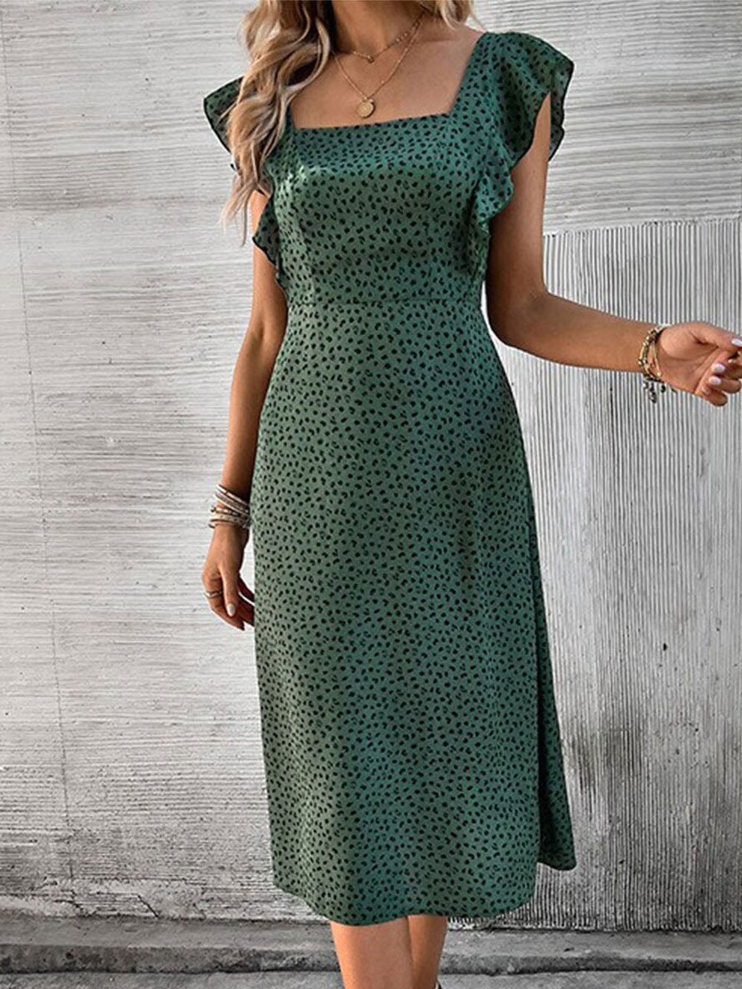 

StyleCast x Revolte Polka Dot Printed Flutter Sleeve A-Line Dress, Green