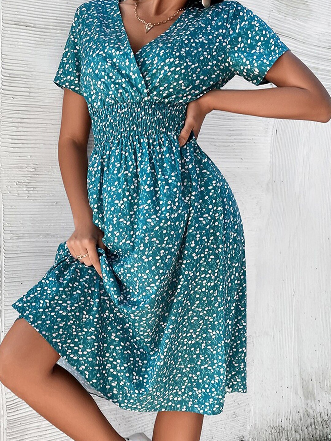 

StyleCast x Revolte Floral Print Smocked Wrap Midi Dress, Teal