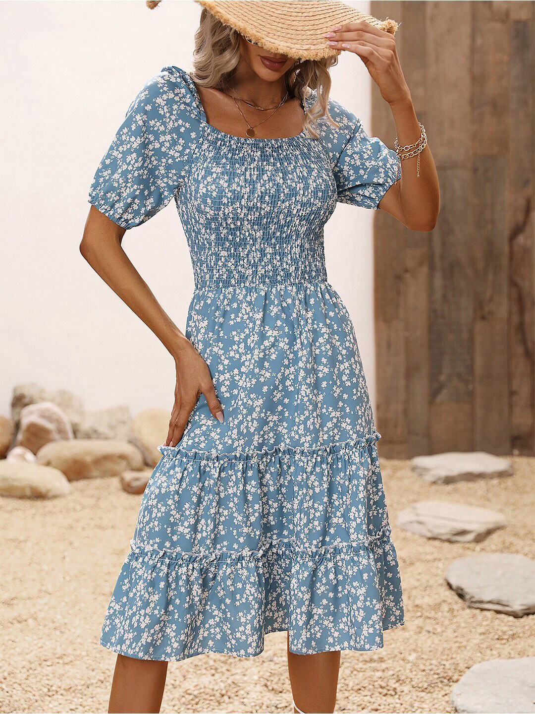

StyleCast x Revolte Floral Print Puff Sleeve Fit & Flare Dress, Blue