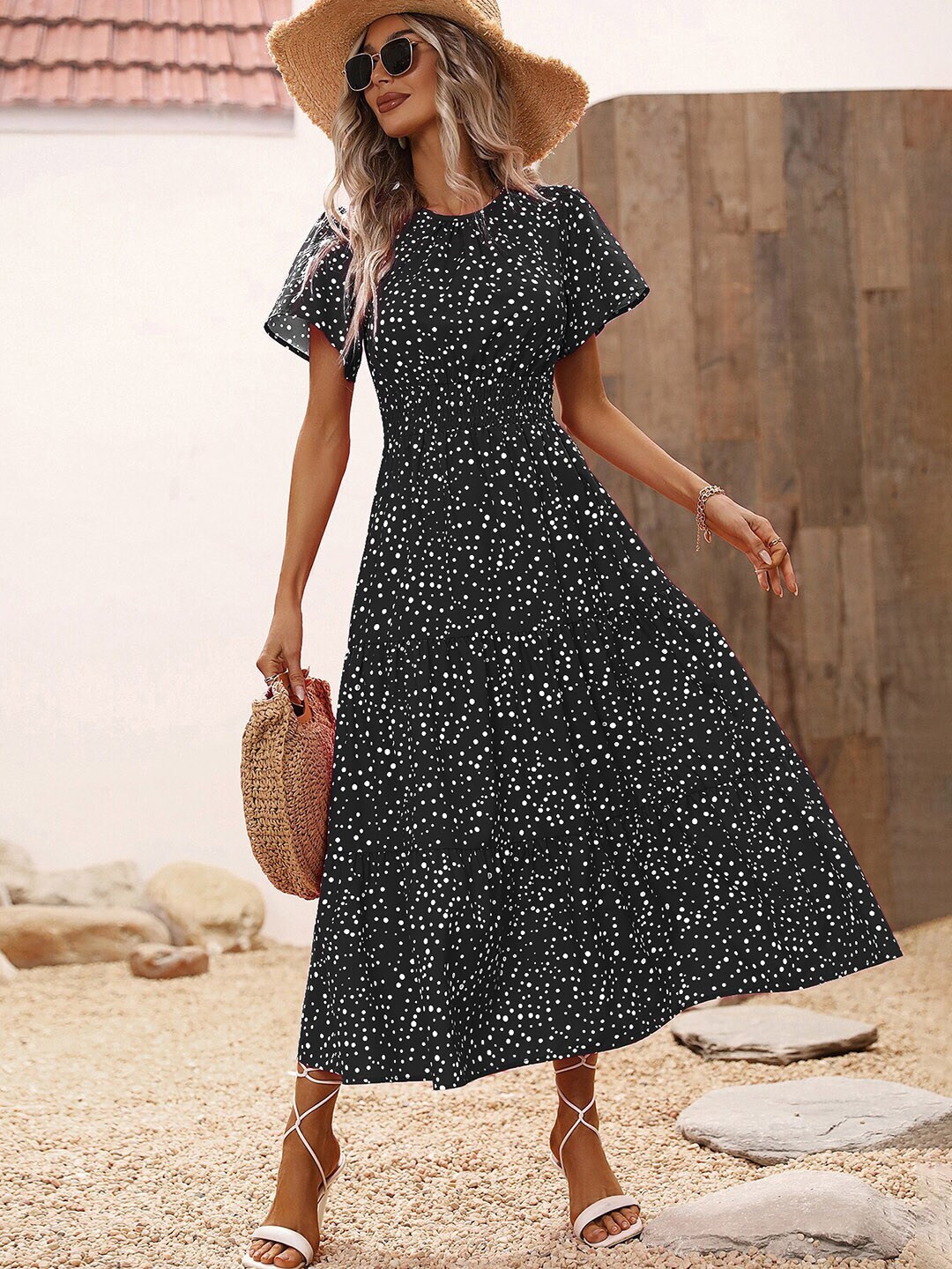

StyleCast x Revolte Black Polka Dots Printed Flared Sleeves Smocked Fit & Flare Midi Dress