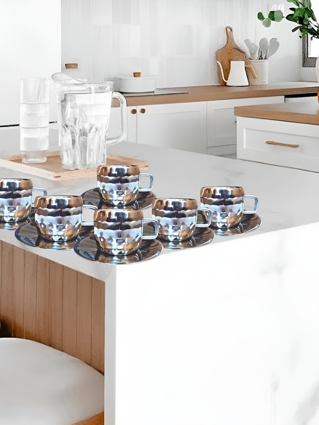 

STEEPLE 12 Pcs Stainless Steel Glossy Cup & Saucer 90 ml Each, Silver
