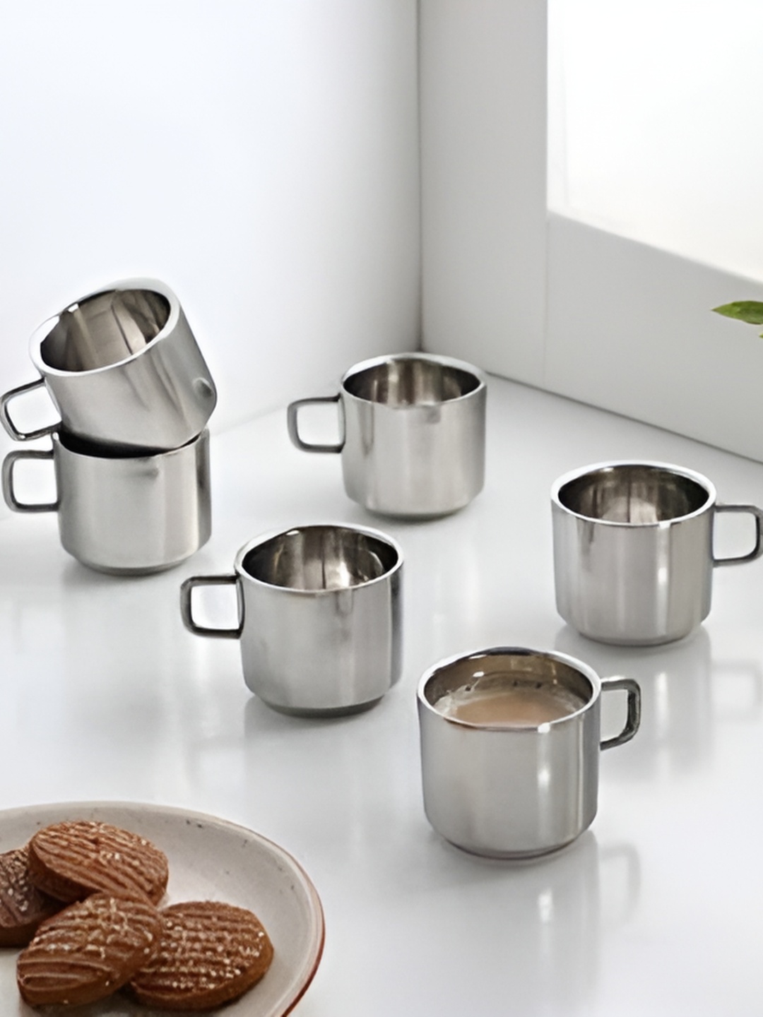 

STEEPLE 6 Pcs Stainless Steel Glossy Cups 120 ml Each, Silver