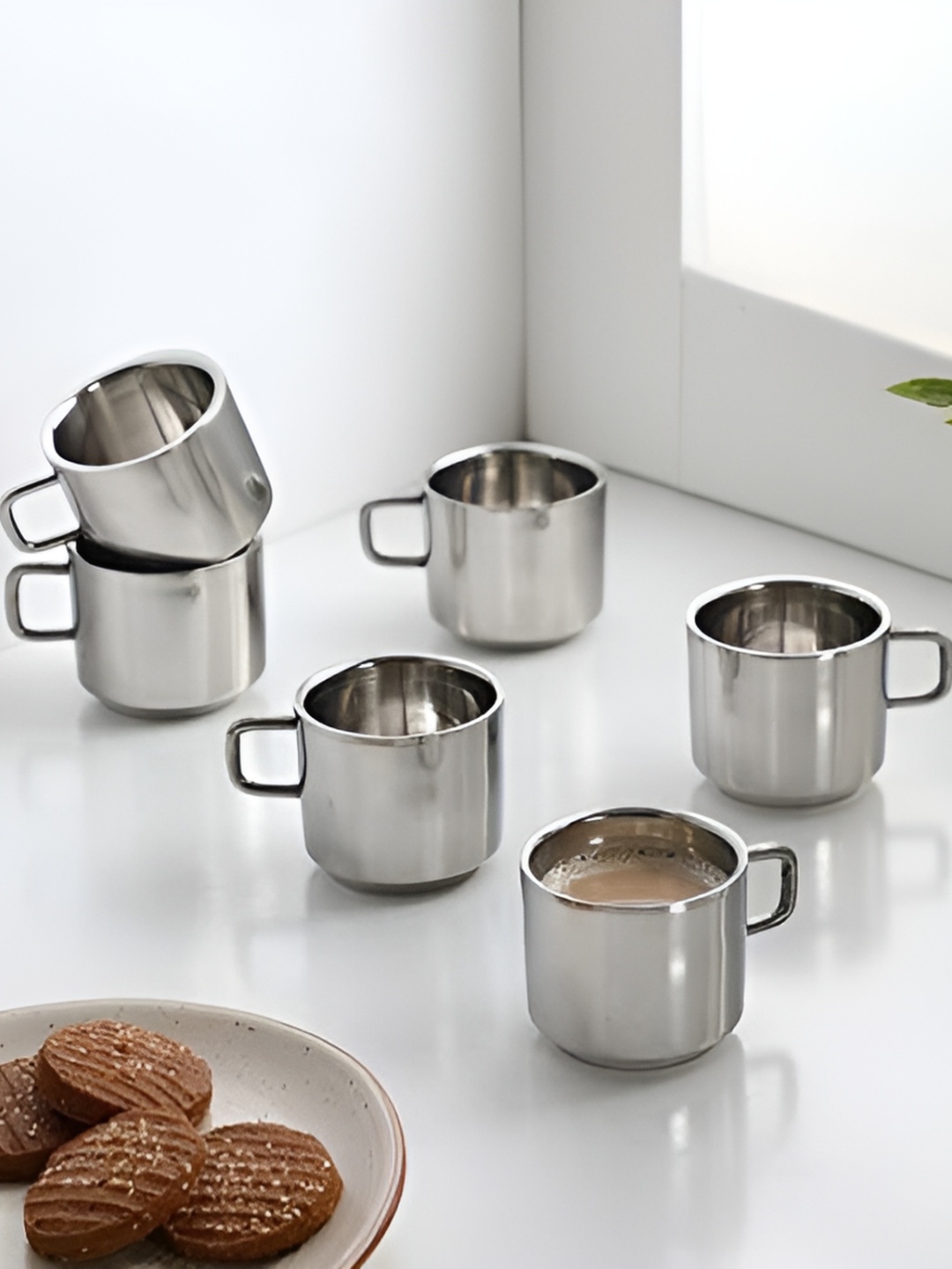 

STEEPLE Silver-Toned 6 Pieces Stainless Steel Glossy Cups 150ml Each