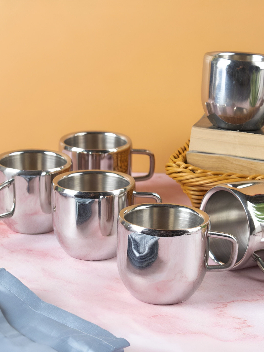 

STEEPLE 6 Pcs Stainless Steel Glossy Cups 90 ml Each, Silver