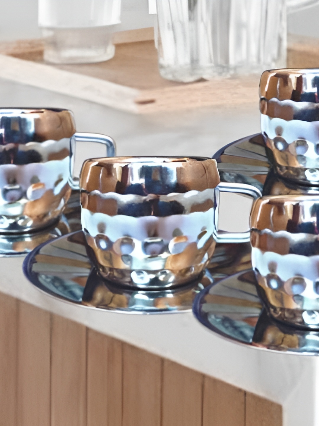 

STEEPLE 6 Pcs Textured Stainless Steel Glossy Cups, Silver