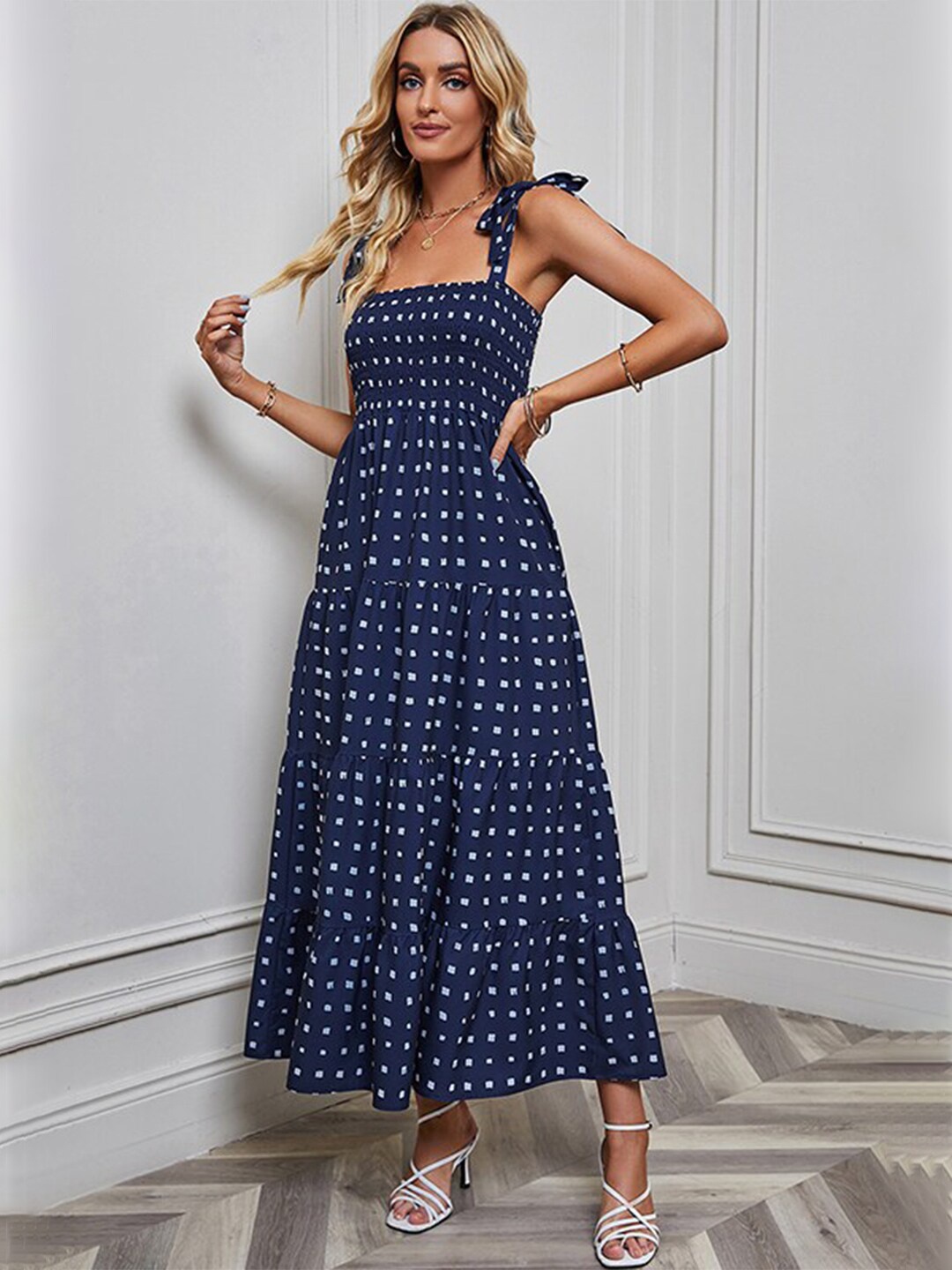

StyleCast x Revolte Blue Geometric Smocked Shoulder Strap Tiered Fit & Flare Maxi Dress, Navy blue