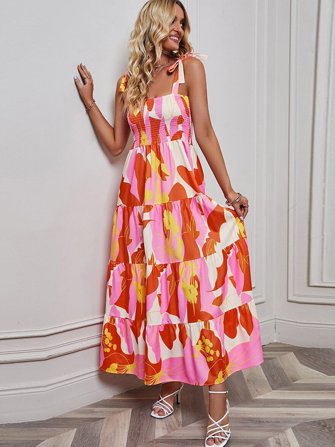 

StyleCast x Revolte Orange & White Abstract Printed Smocked Fit & Flare Maxi Dress