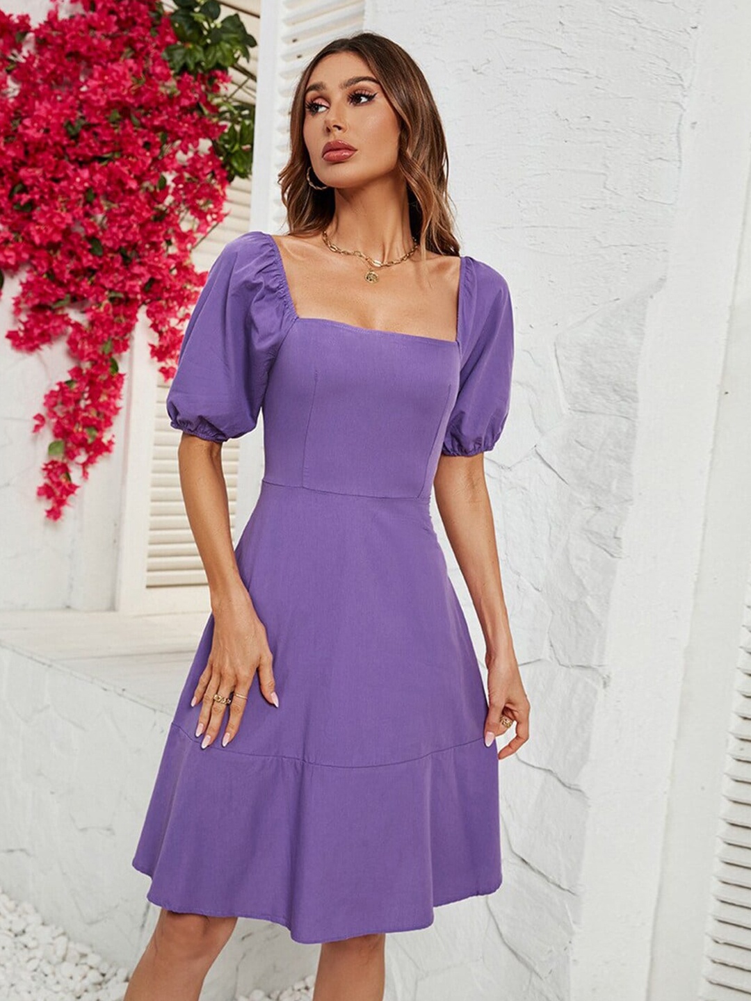 

StyleCast x Revolte Puff Sleeve Fit & Flare Dress, Purple
