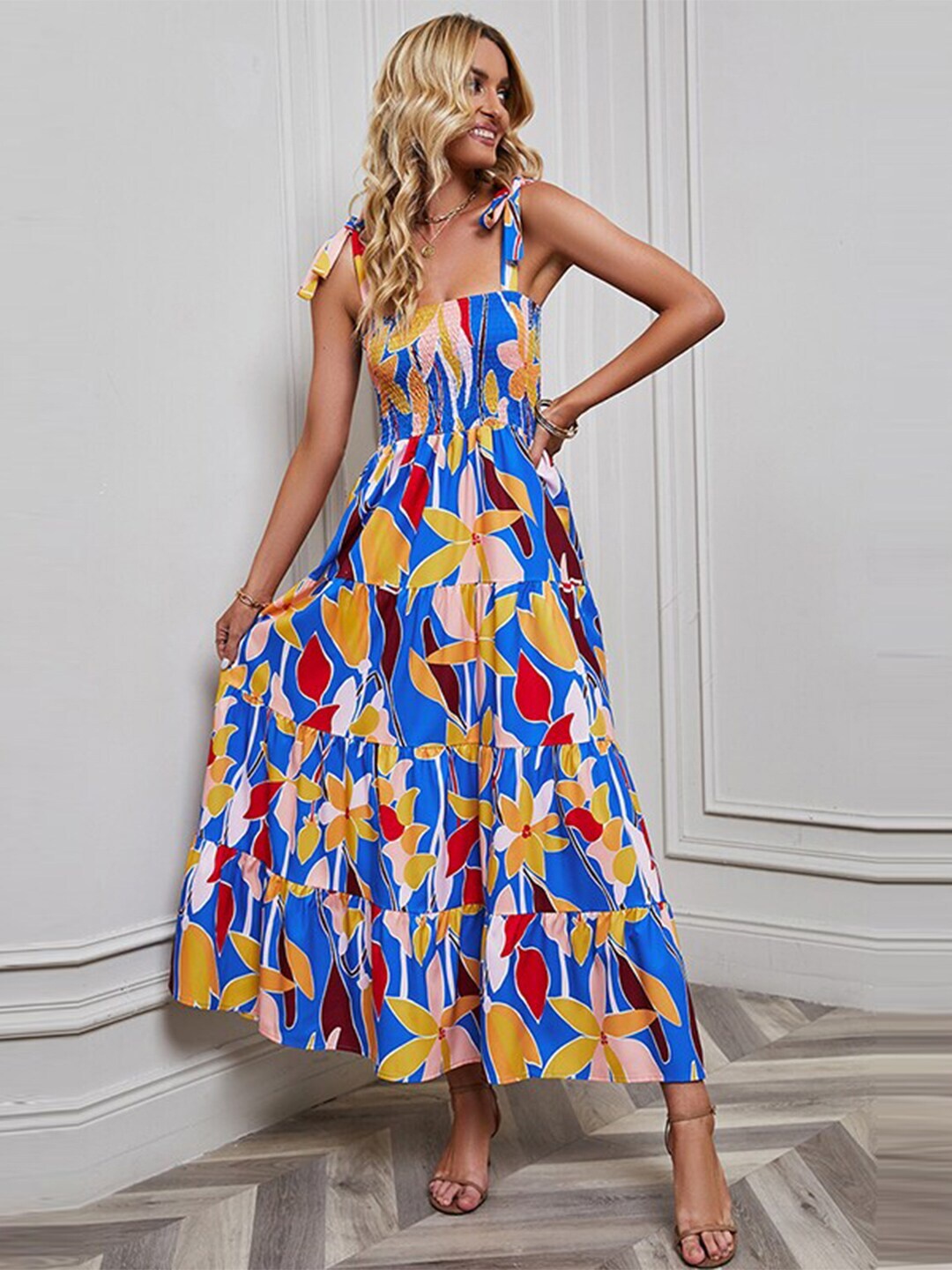 

StyleCast x Revolte Floral Printed Smocked & Tiered Maxi Dress, Blue