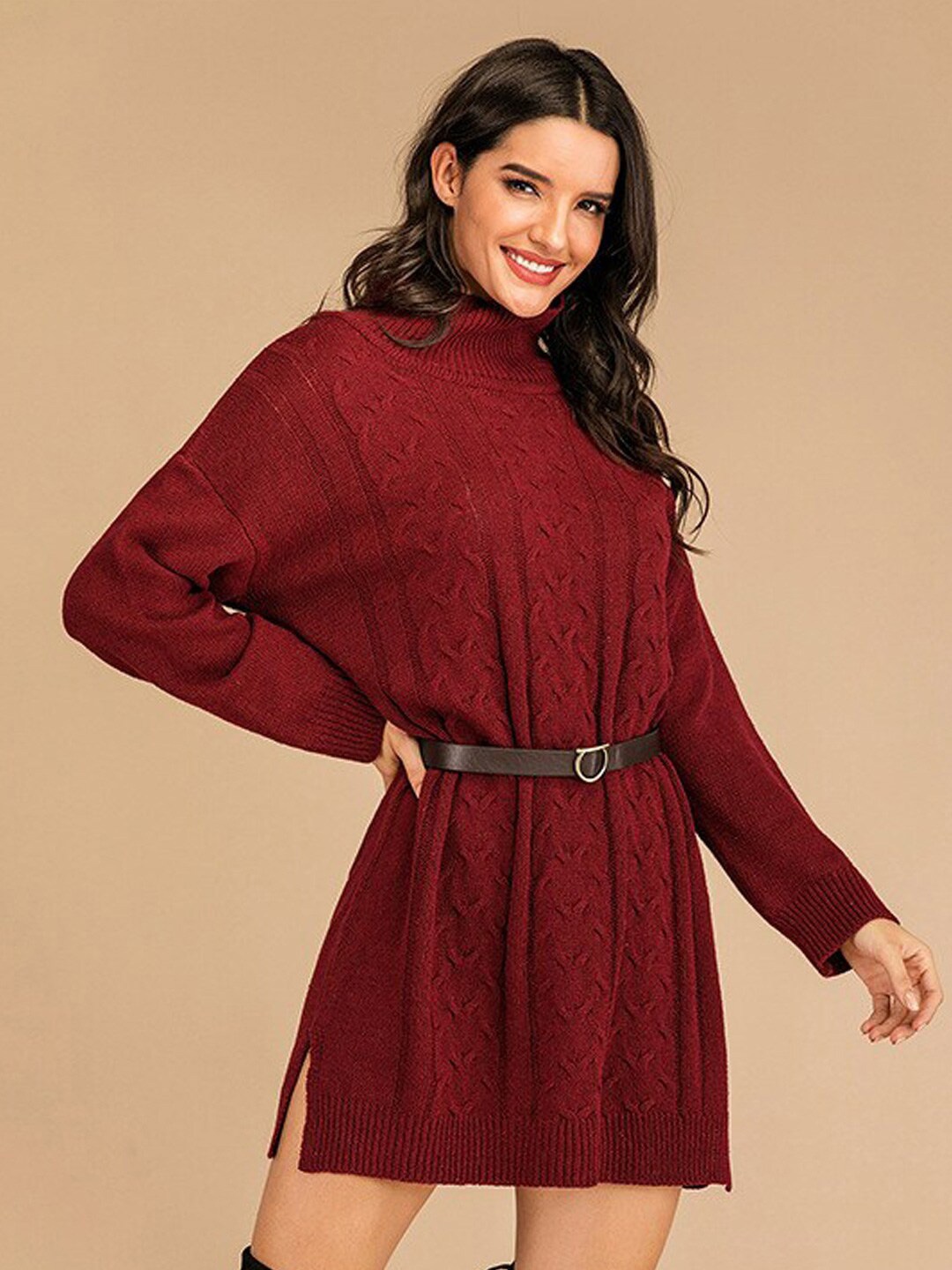 

StyleCast x Revolte Maroon Self Design Sweater Dress