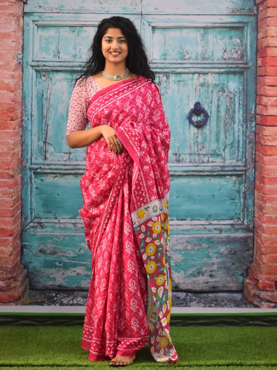 

KIAARON Ethnic Motifs Pure Cotton Block Print Saree, Pink