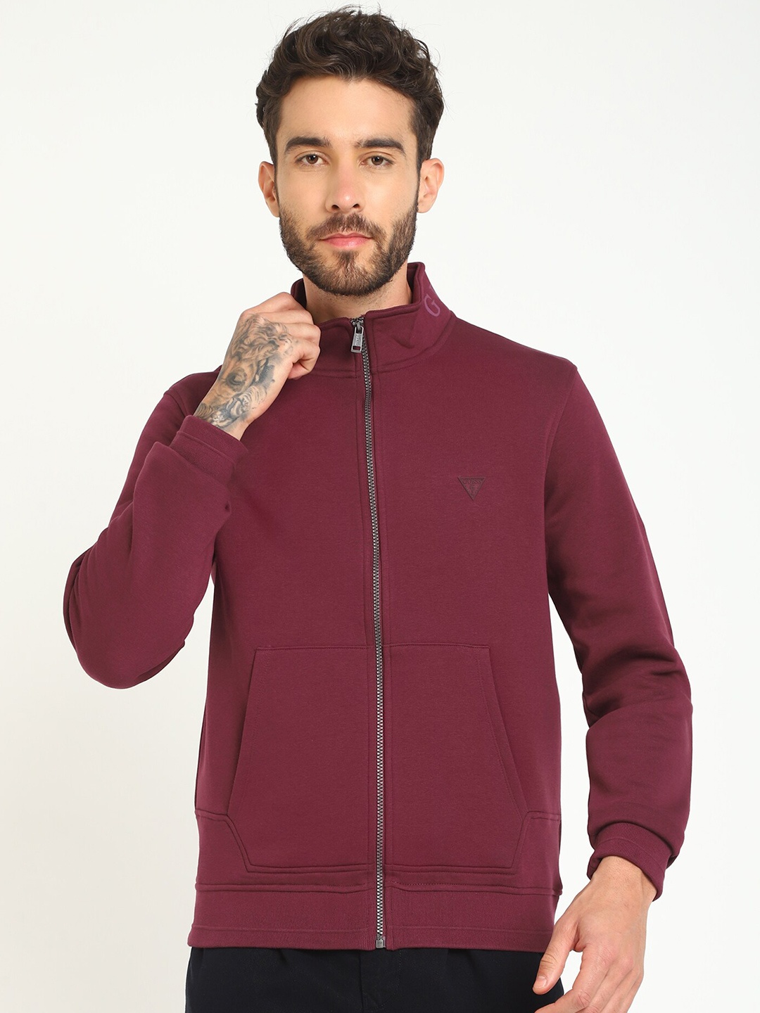 

GUESS Mock Collar Long Sleeves Front-Open Sweatshirt, Maroon