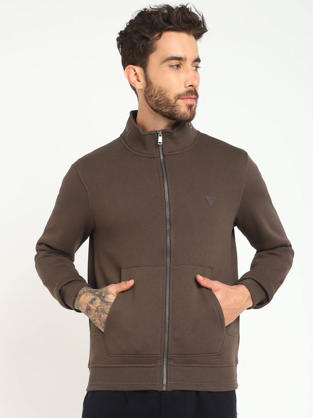 

GUESS Mock Collar Long Sleeves Front-Open Sweatshirt, Brown