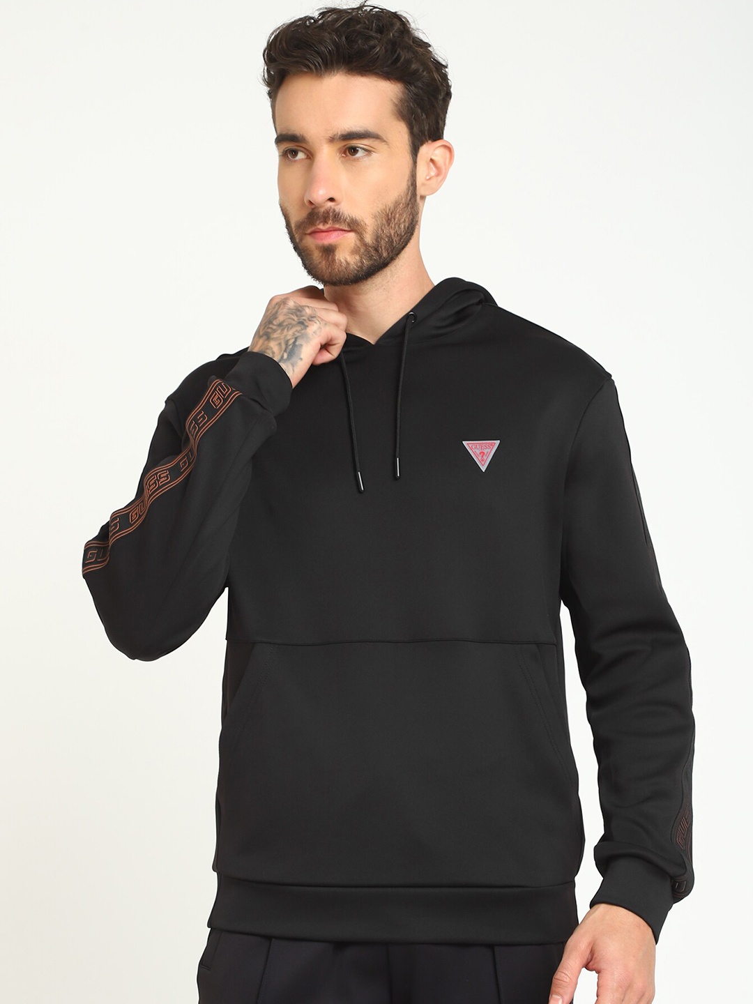 

GUESS Hooded Neck Long Sleeves Cotton Pullover Sweatshirt, Black