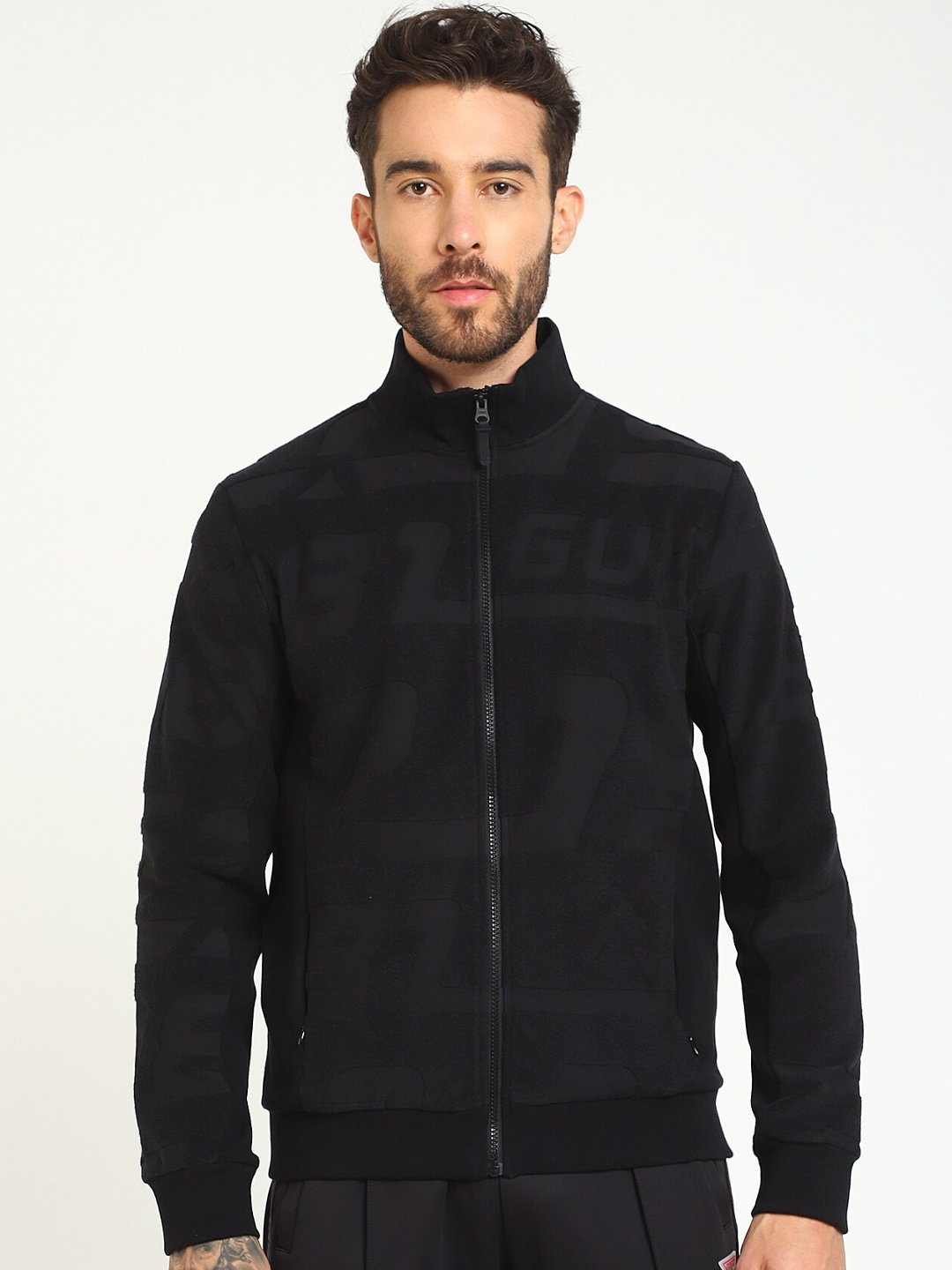 

GUESS Abstract Printed Mock Collar Long Sleeves Front-Open Sweatshirt, Black