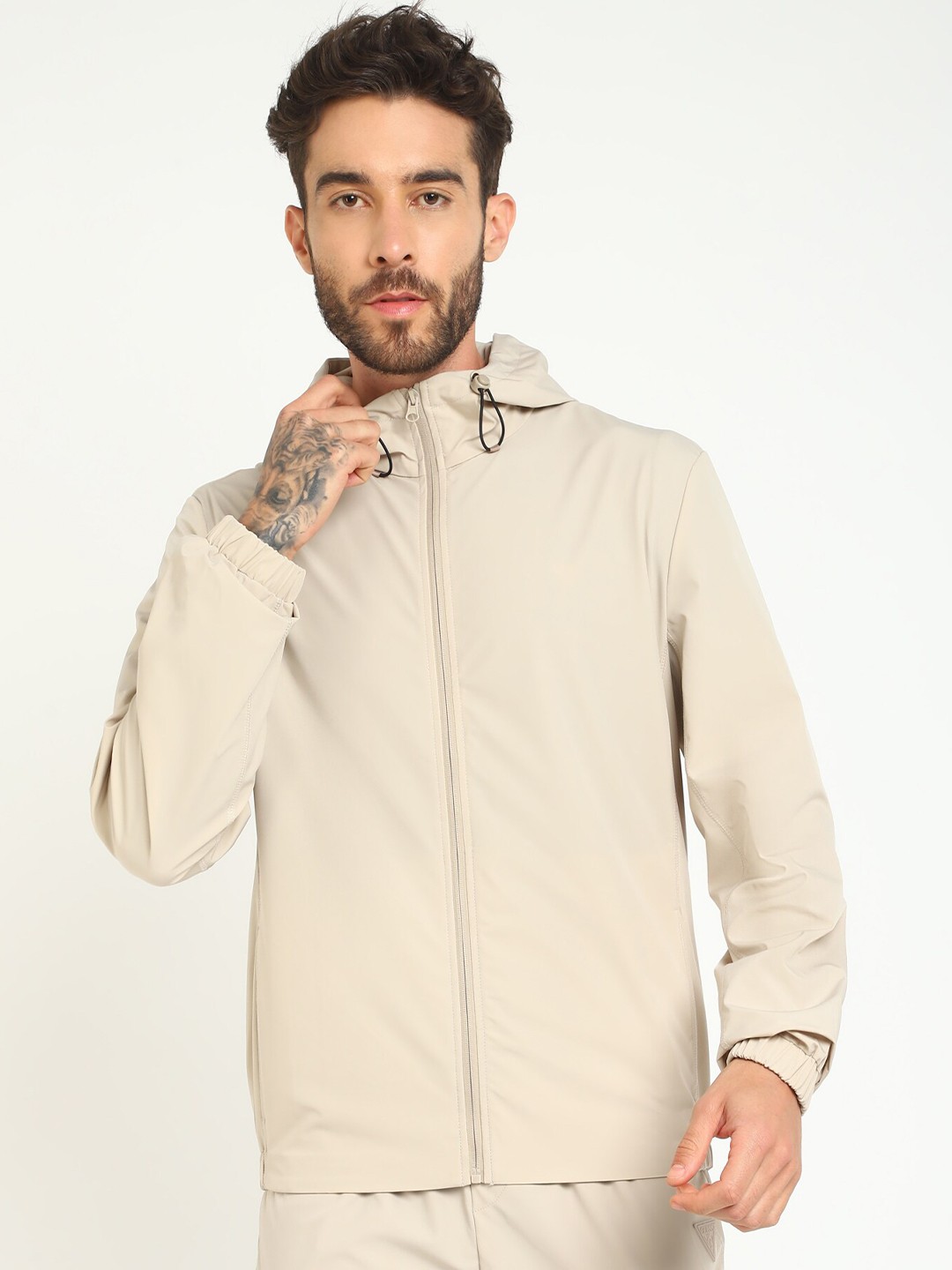 

GUESS Hooded Neck Long Sleeves Front-Open Sweatshirt, Beige