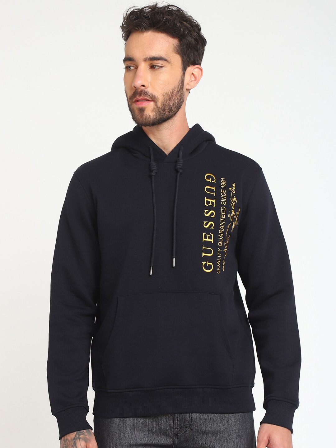 

GUESS Typography Printed Hooded Neck Long Sleeves Pullover Sweatshirt, Blue