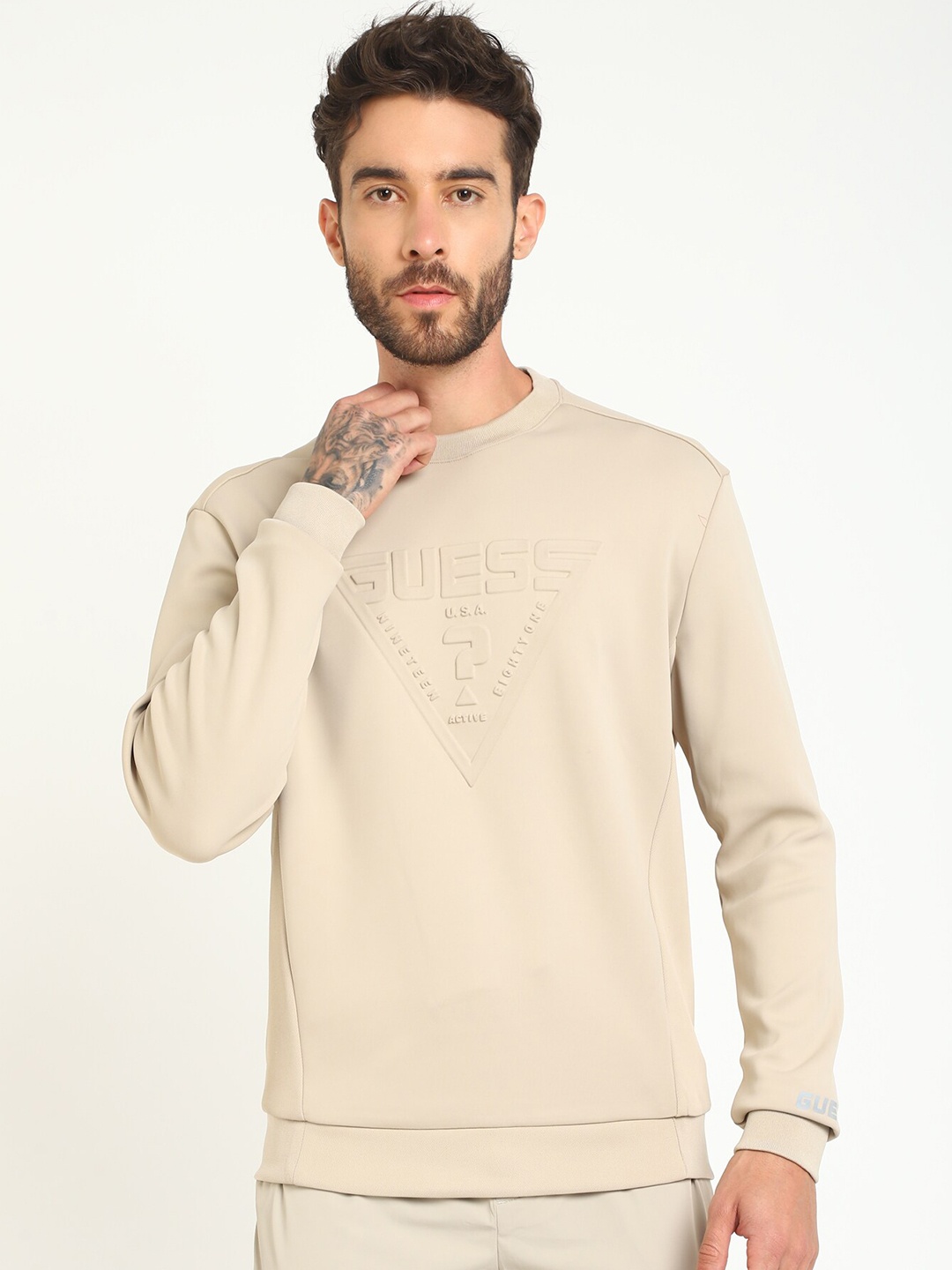 

GUESS Self Design Long Sleeves Pullover Sweatshirt, Beige