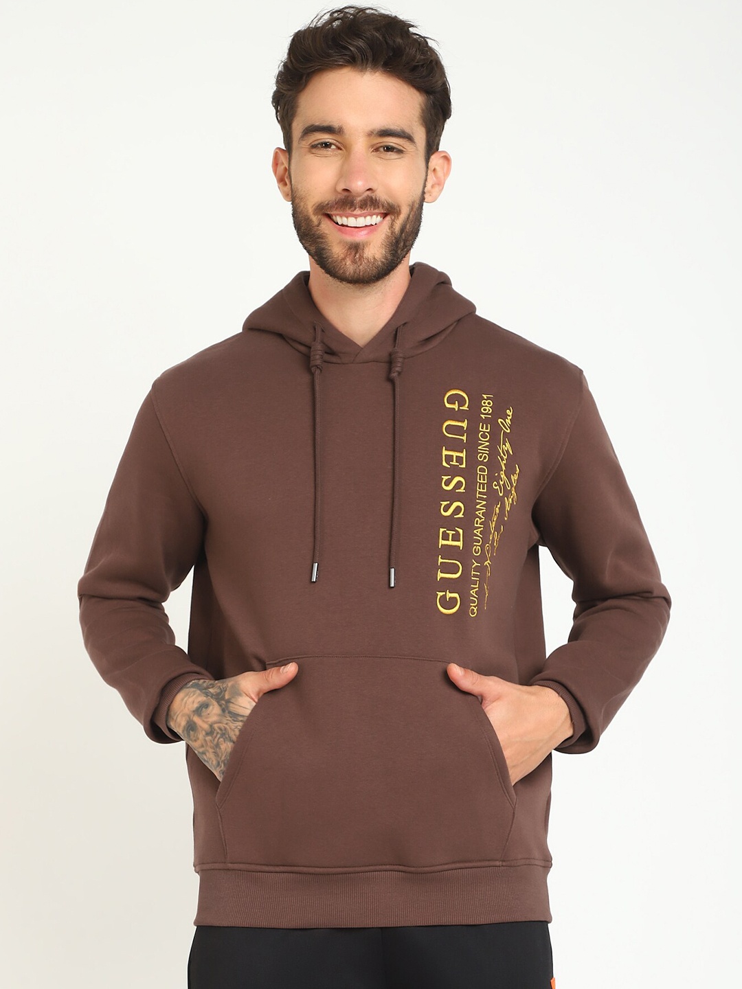 

GUESS Typography Printed Hooded Neck Long Sleeves Pullover Sweatshirt, Brown