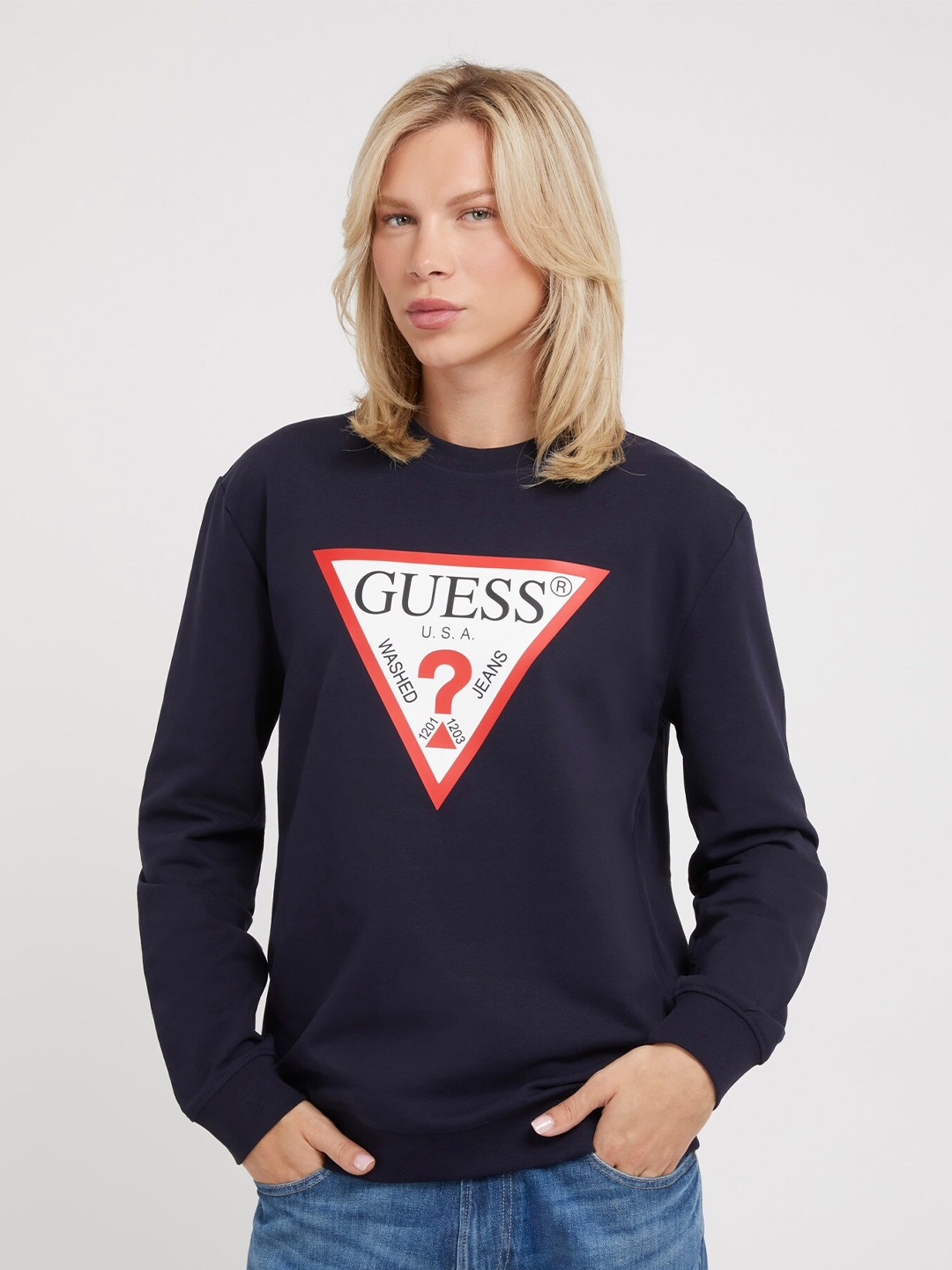 

GUESS Graphic Printed Long Sleeves Fleece Pullover Sweatshirt, Blue