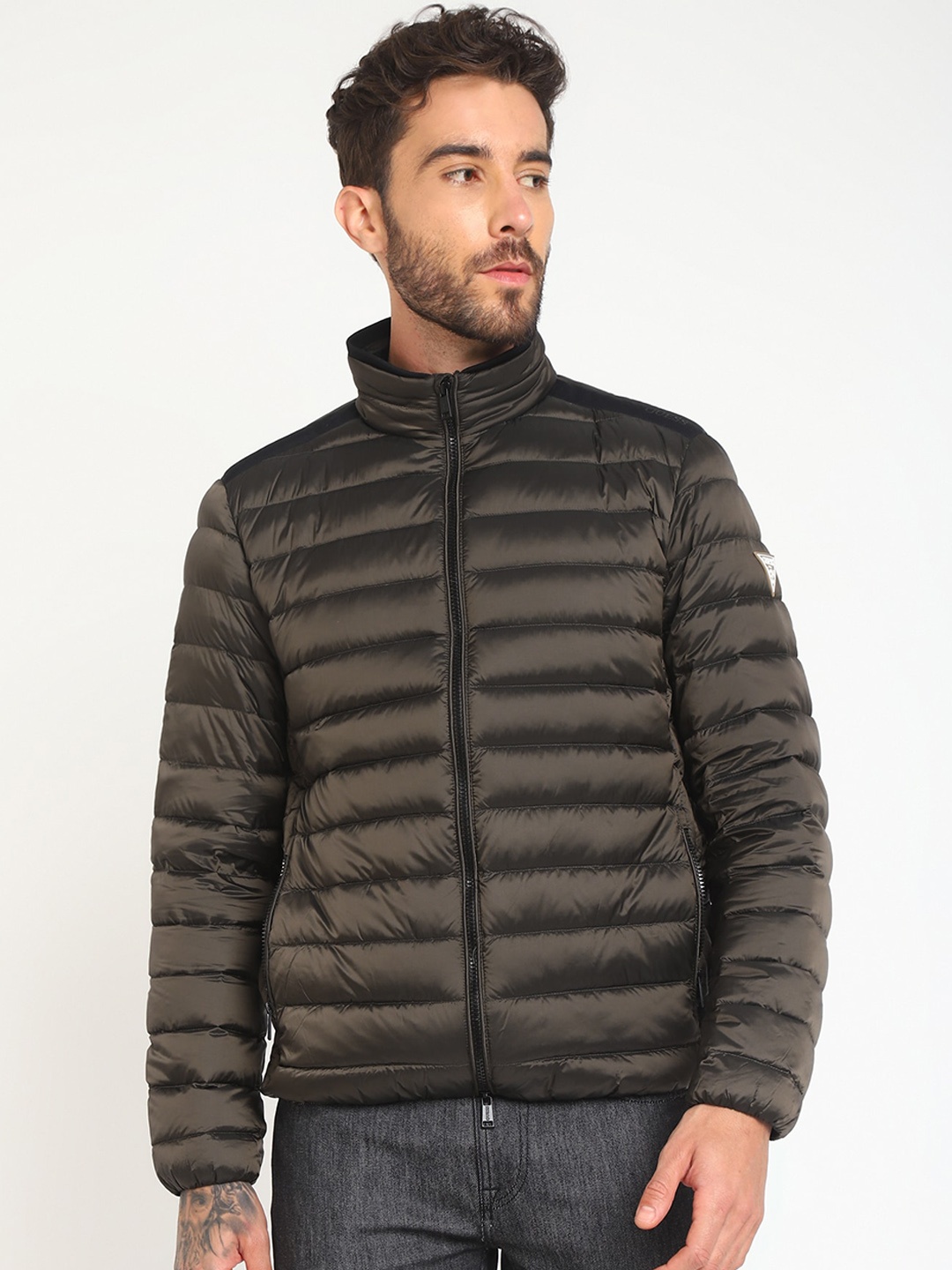 

GUESS Mock Collar Puffer Jacket, Brown