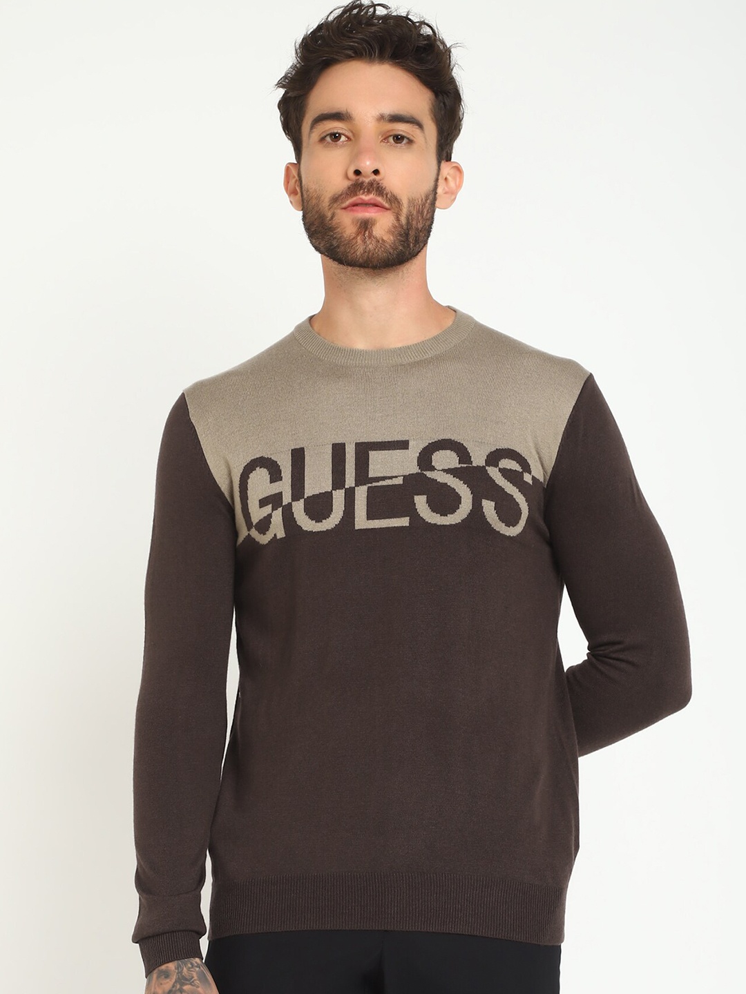 GUESS Colourblocked Long Sleeves Pullover Sweater, Brown