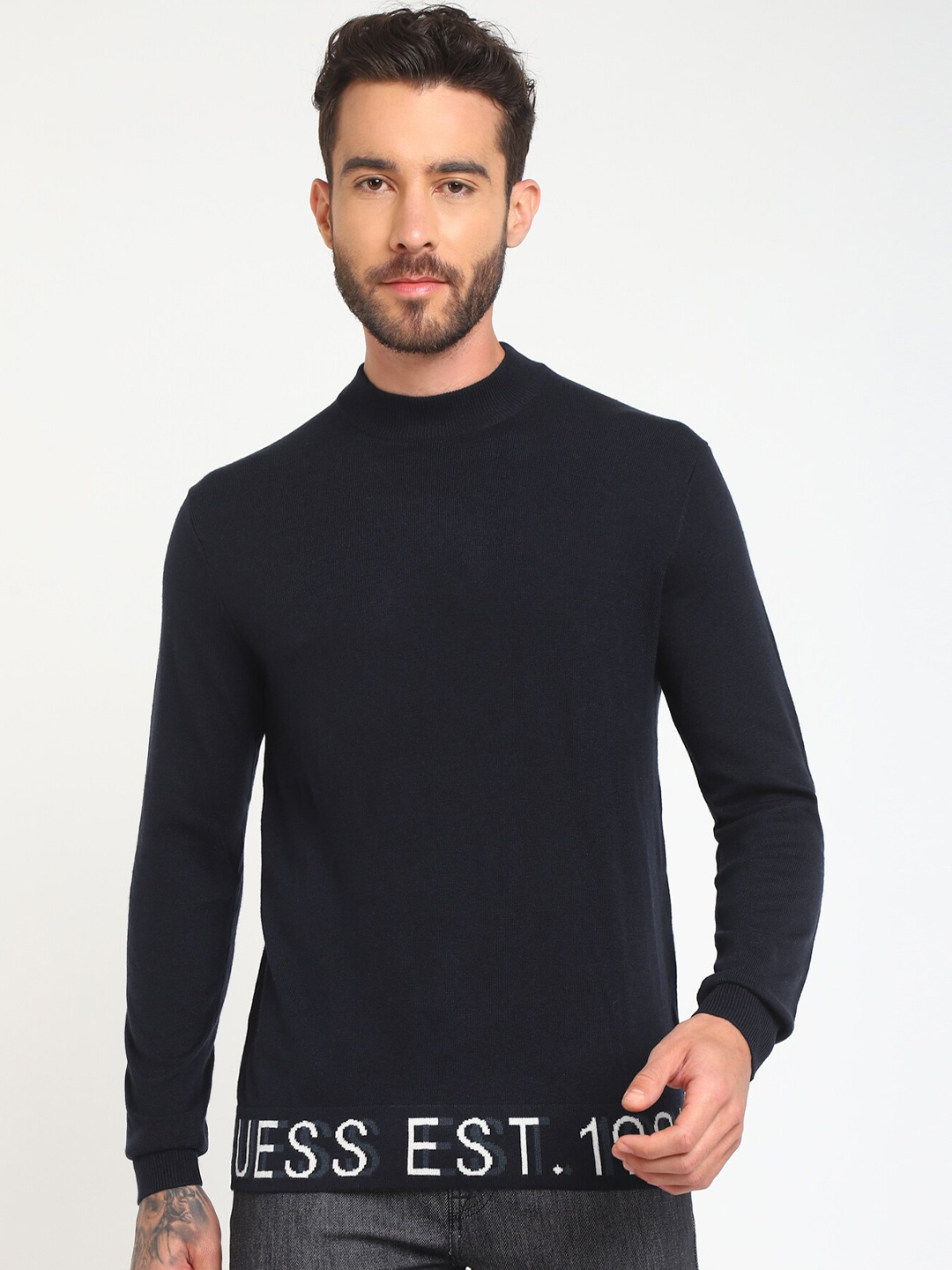 

GUESS Self Design Turtle Neck Long Sleeves Pullover Sweater, Navy blue
