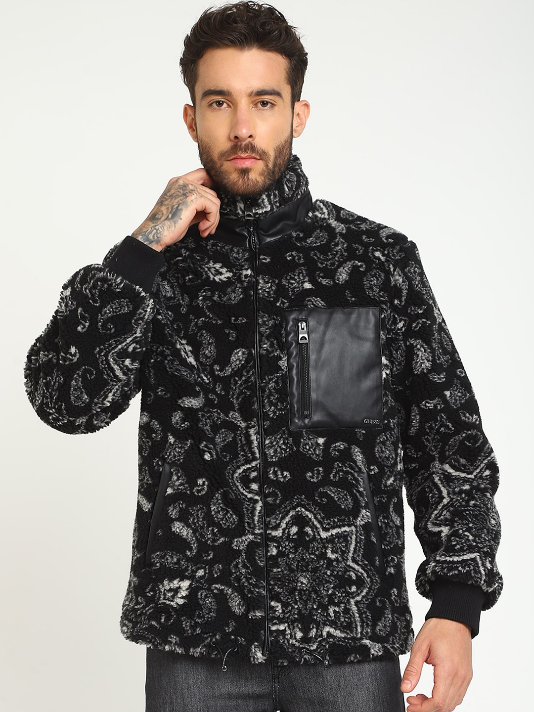 

GUESS Floral Printed Mock Collar Tailored Jacket, Black