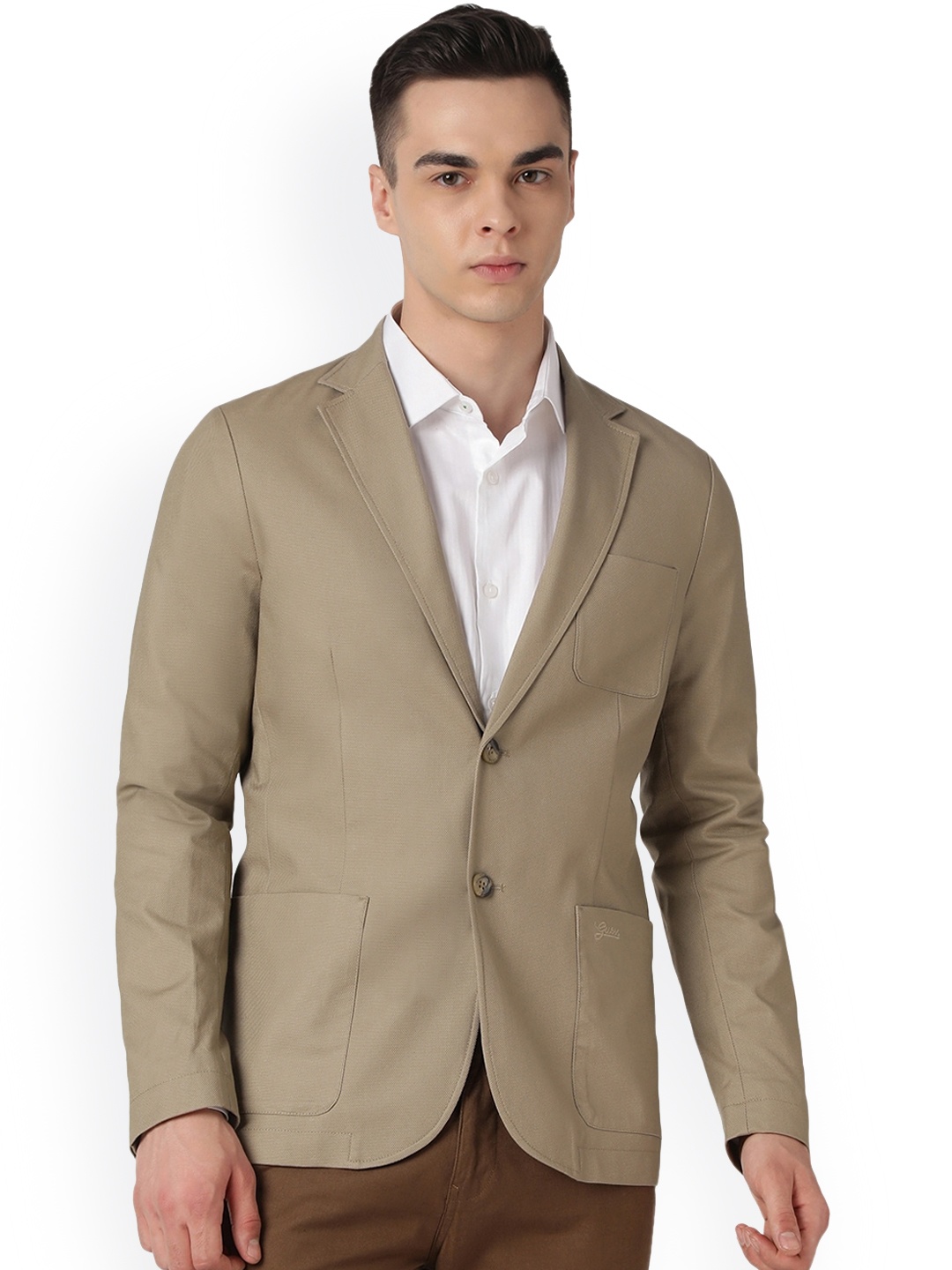 

GUESS Notched Lapel Long Sleeves Single-Breasted Formal Blazers, Beige