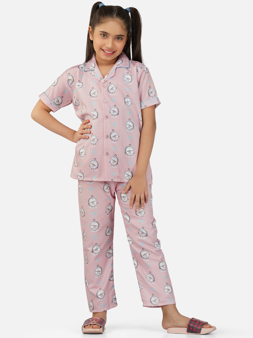 

Sand Dune Girls Conversational Printed Lapel Collar Night Suit, Peach