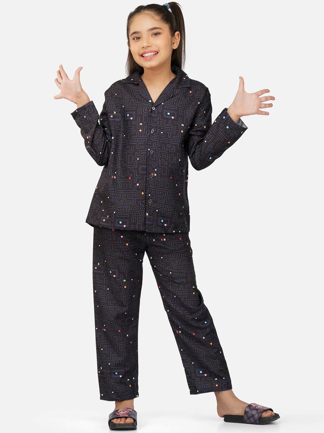 

Sand Dune Girls Graphic Printed Lapel Shirt With Pyjamas, Black