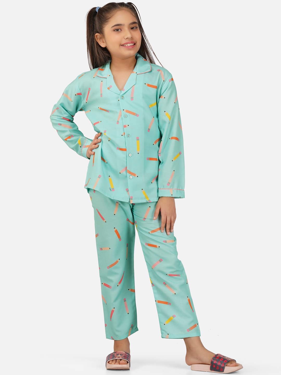 

Sand Dune Girls Graphic Printed Lapel Shirt With Pyjamas, Sea green