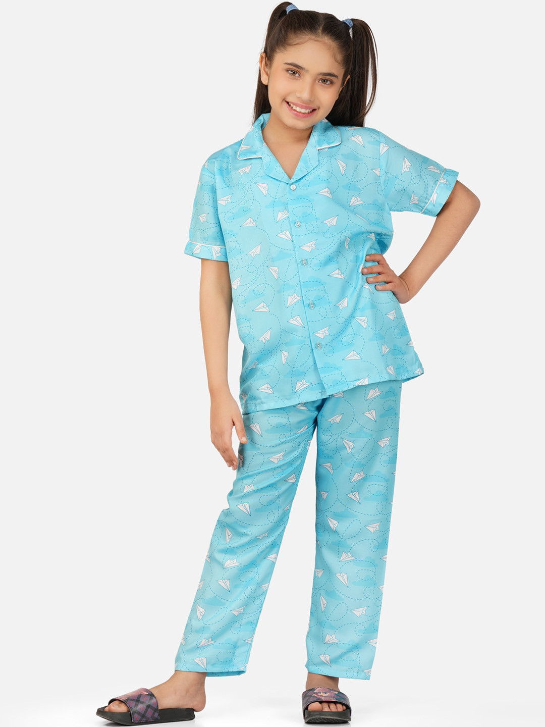 

Sand Dune Girls Conversational Printed Lapel Collar Night Suit, Blue