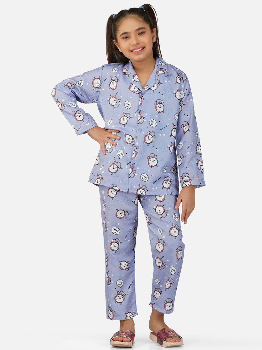 

Sand Dune Girls Graphic Printed Lapel Collar Night suit, Lavender