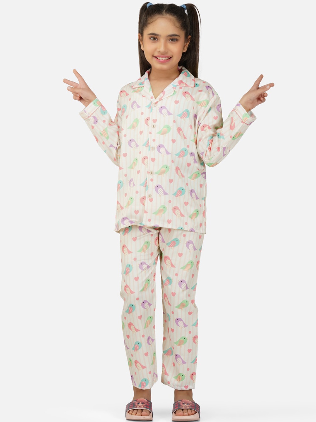 

Sand Dune Girls Graphic Printed Lapel Collar Night suit, Cream