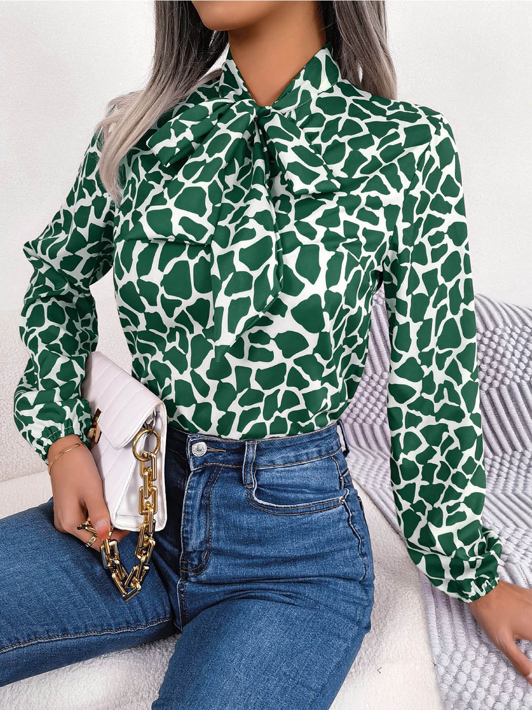 

StyleCast Green & White Animal Print Tie-Up Neck Top
