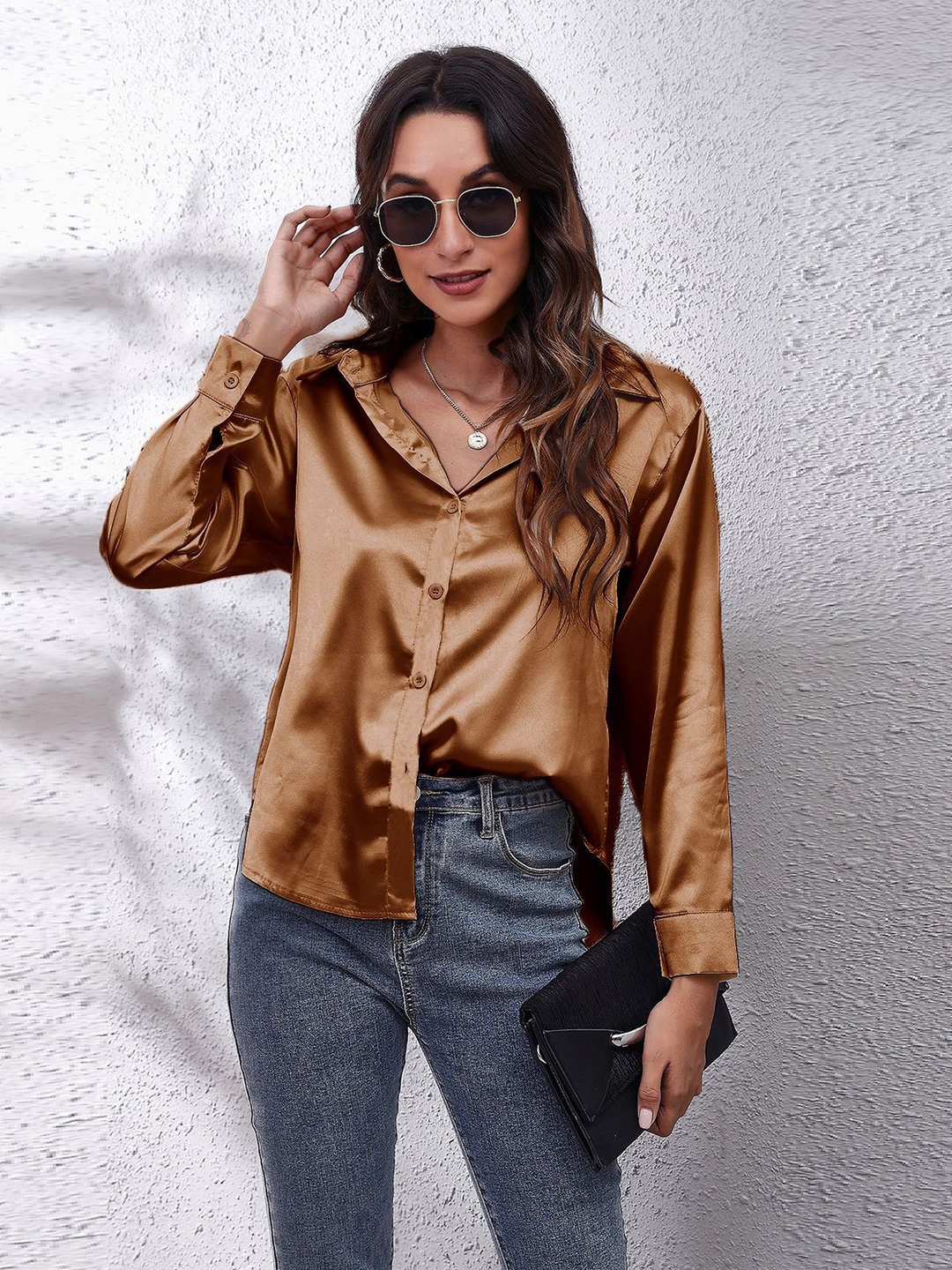 

StyleCast Brown Spread Collar Casual Shirt