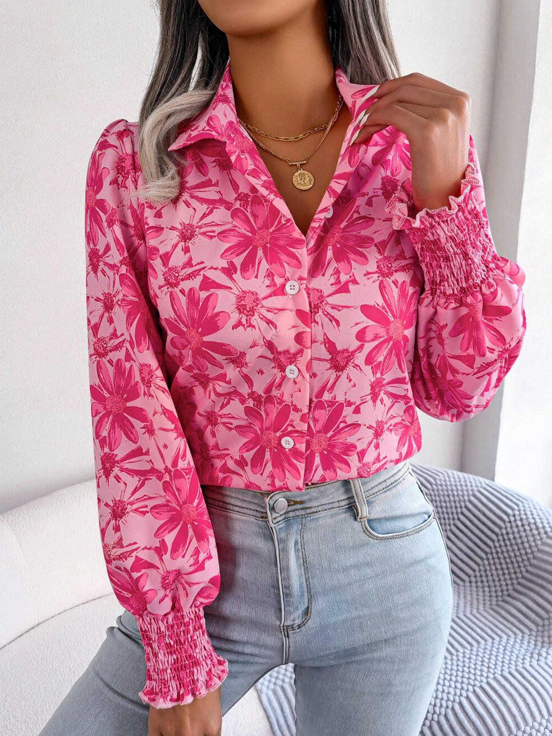 

StyleCast Pink Floral Printed Puff Sleeves Casual Shirt